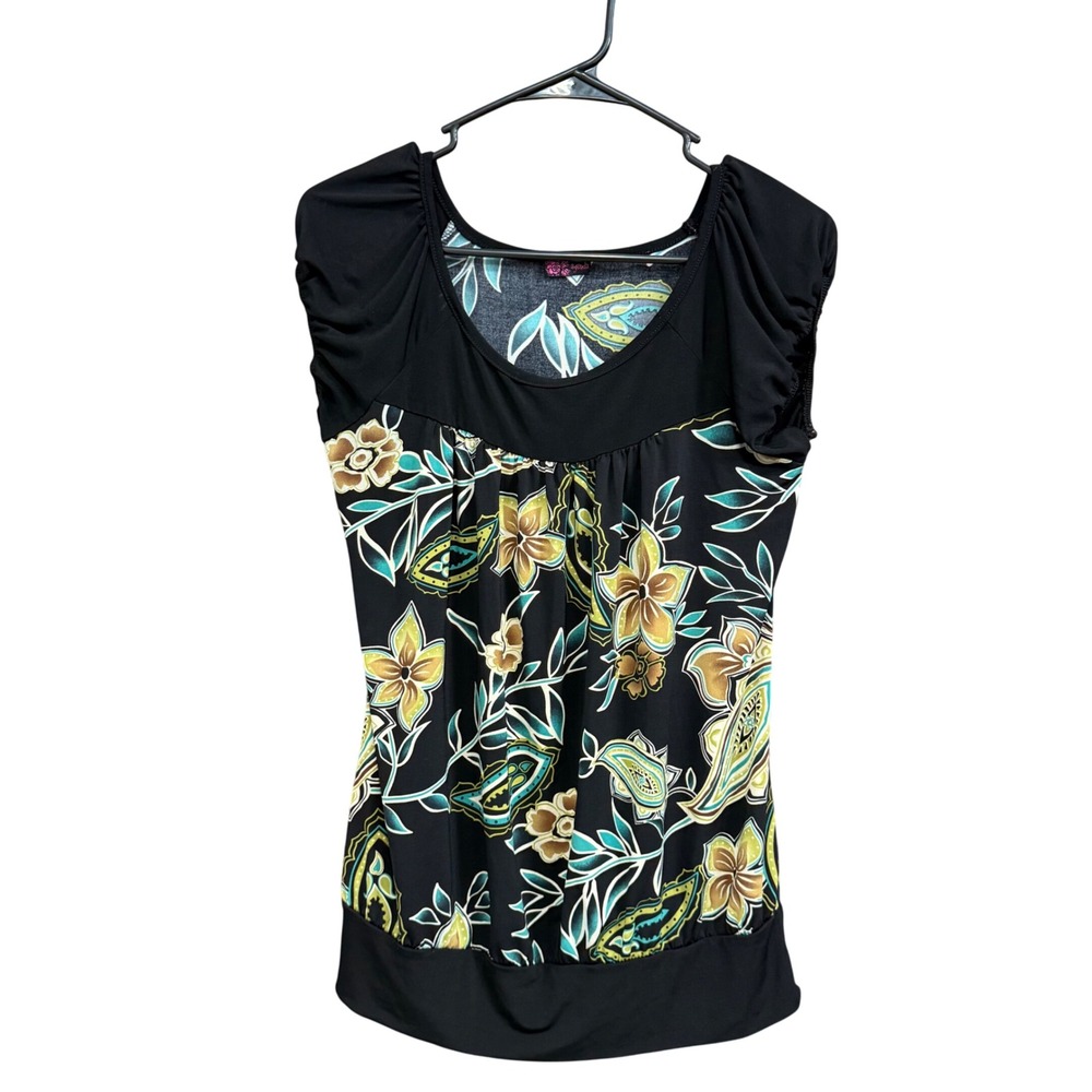 Agenda‎ Floral Paisley Print Top Cap Sleeve Black Green Brown